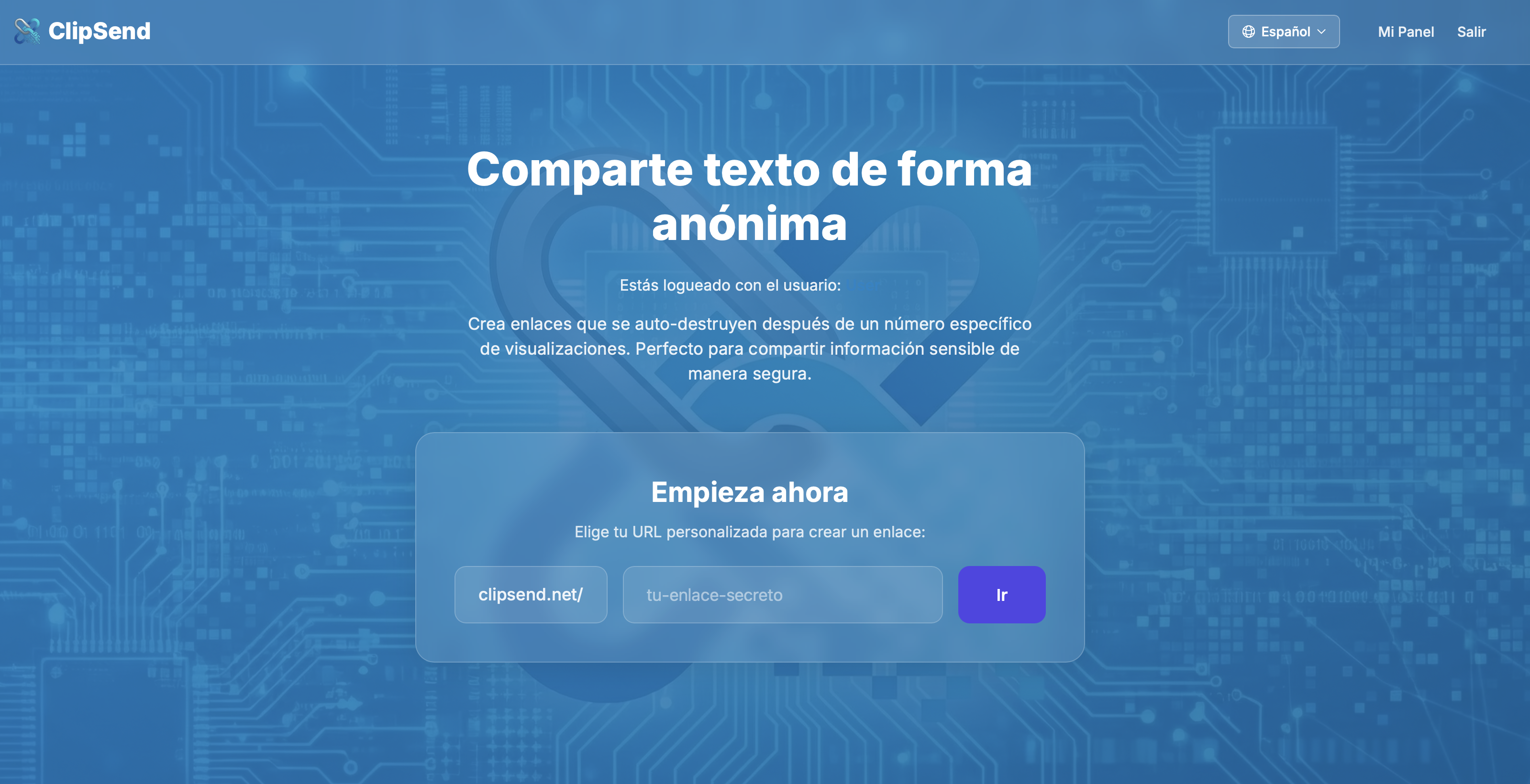 Pantalla principal de clipsend